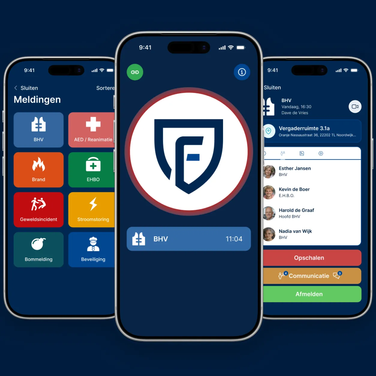 Afbeelding van de drie schermen van de Findwhere BHV App