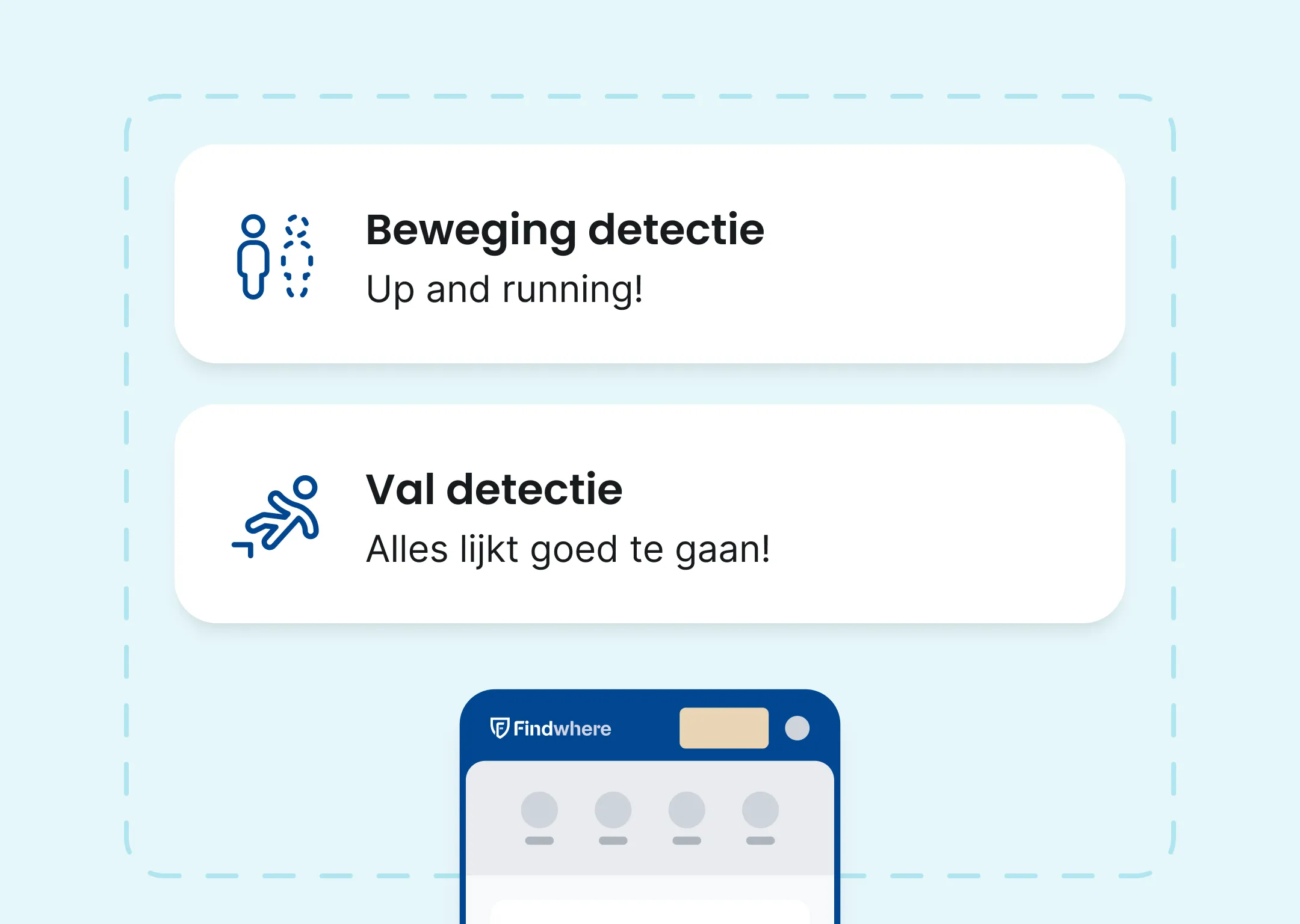 Twee meldingen die tonen dat beweging- en valdetectie actief zijn en goed werken.