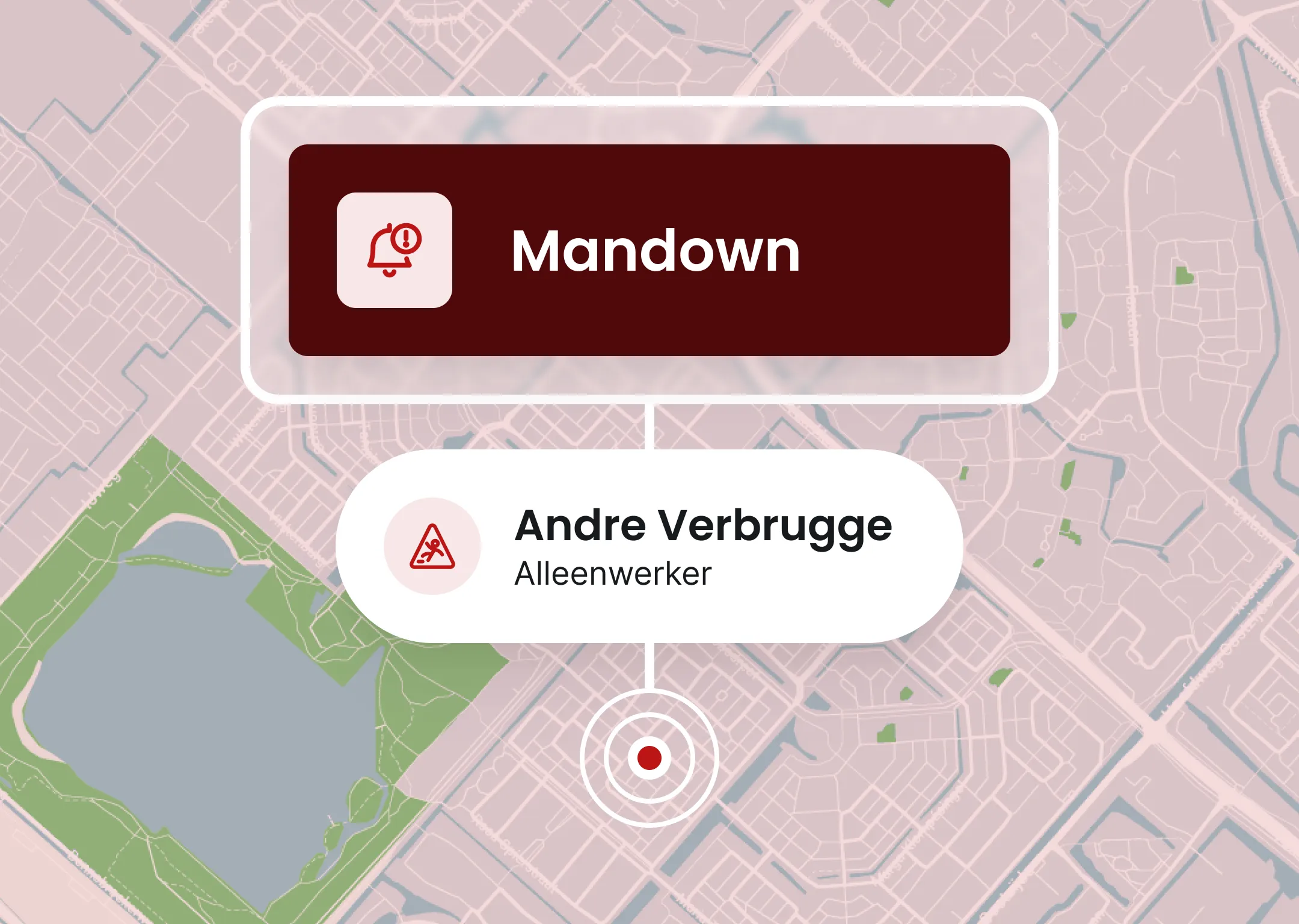 Grafische weergave van een “Man down”-melding op een kaart, met de locatie-indicator en de naam en rol van een alleenwerker die een alarm heeft geactiveerd.