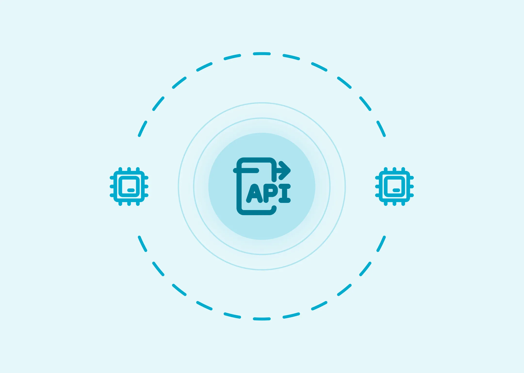 Illustratie van een API-icoon met gekoppelde systemen via open standaarden voor integratie met brandmeldinstallaties en toegangscontrole.