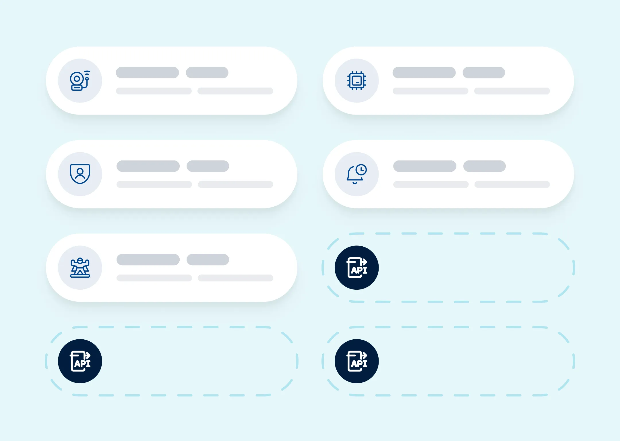 Illustratie van meerdere gekoppelde modules die de schaalbaarheid van de Findwhere API tonen, van één locatie tot landelijke dekking.