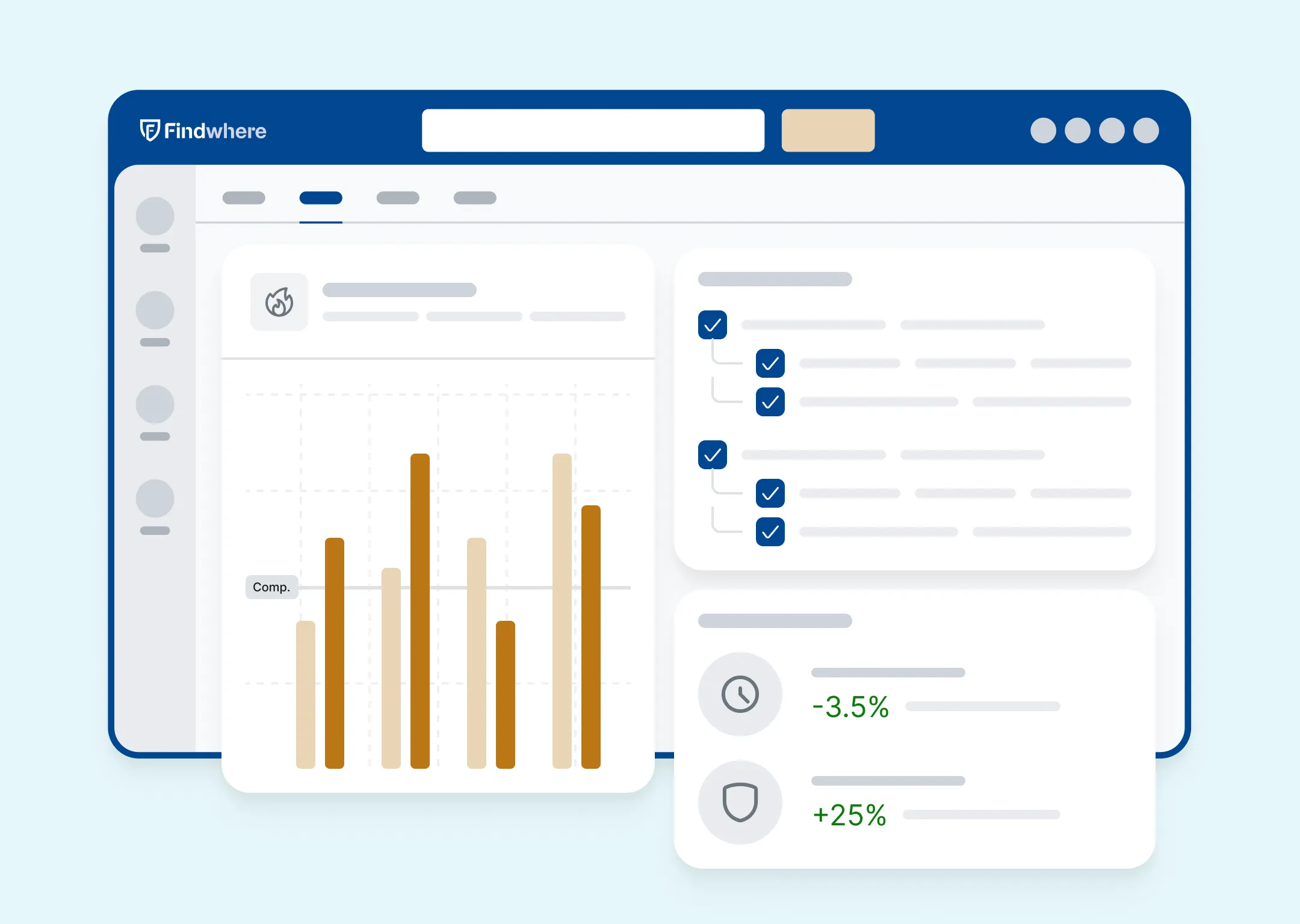 Illustration des Findwhere-Dashboards, in dem Berichte, Notizen, Aufgaben und Ergebnisse zentral erfasst werden, um einen besseren Überblick und Einblick in die FAFS-Organisation zu erhalten.