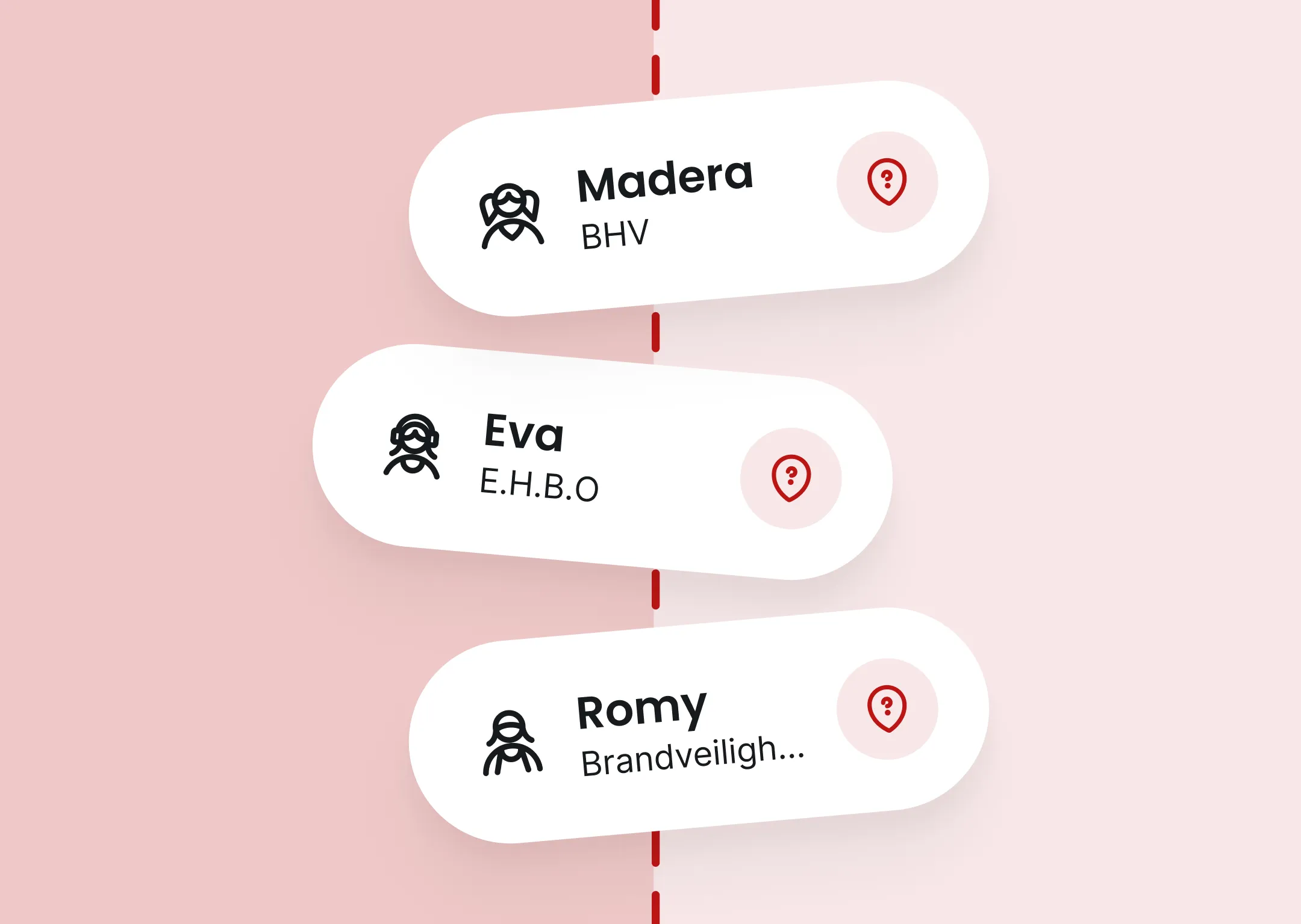 Grafische weergave van drie hulpverleners met hun rol: Madera (BHV), Eva (EHBO) en Romy (Brandveiligheid), elk weergegeven in een witte kaart met pictogram en locatie-icoon op een roze achtergrond.