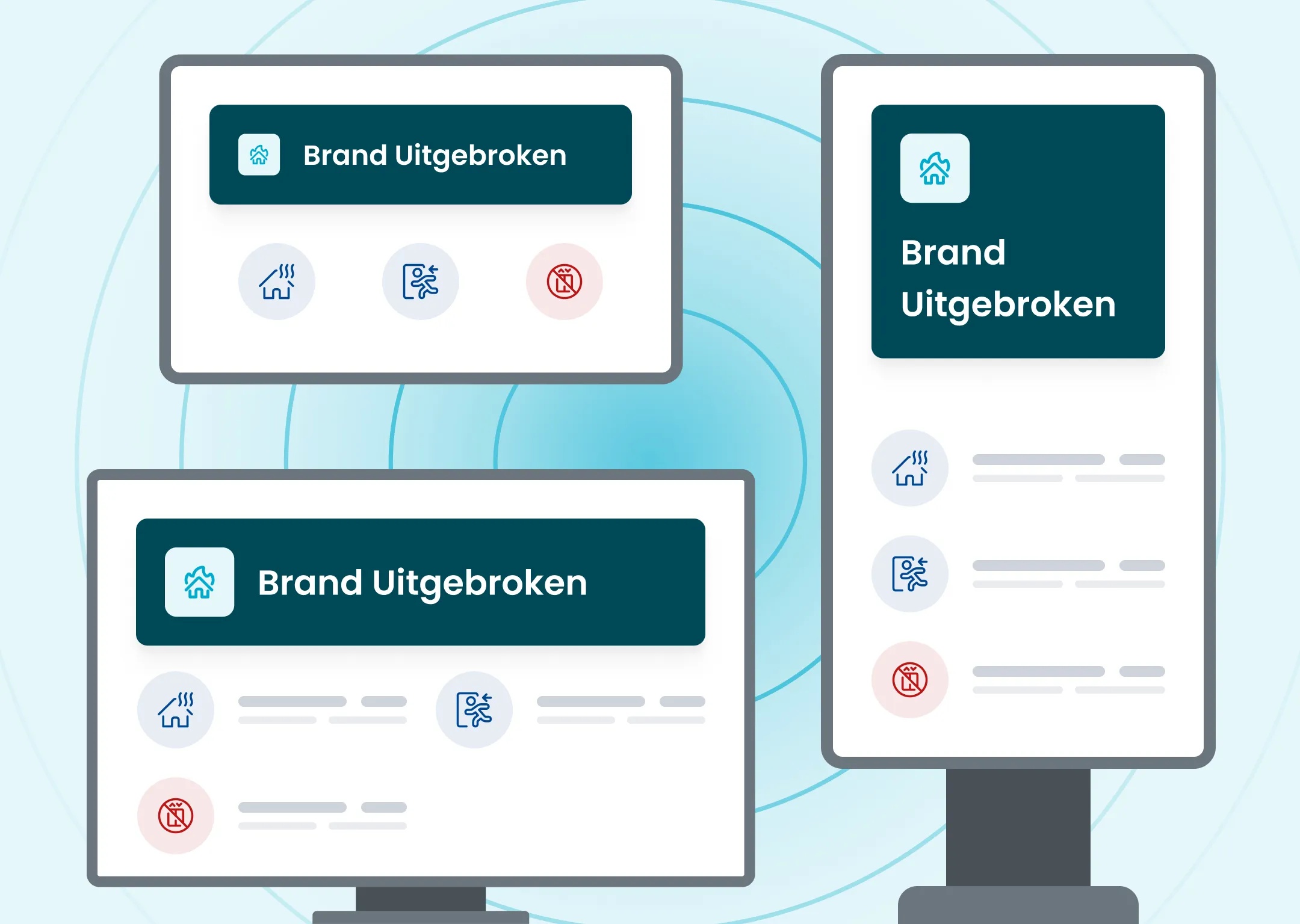 Die FAFS-Benachrichtigung von Findwhere ist auf dem Desktop, dem Narrowcasting- und dem mobilen Bildschirm bei einem Brand sichtbar