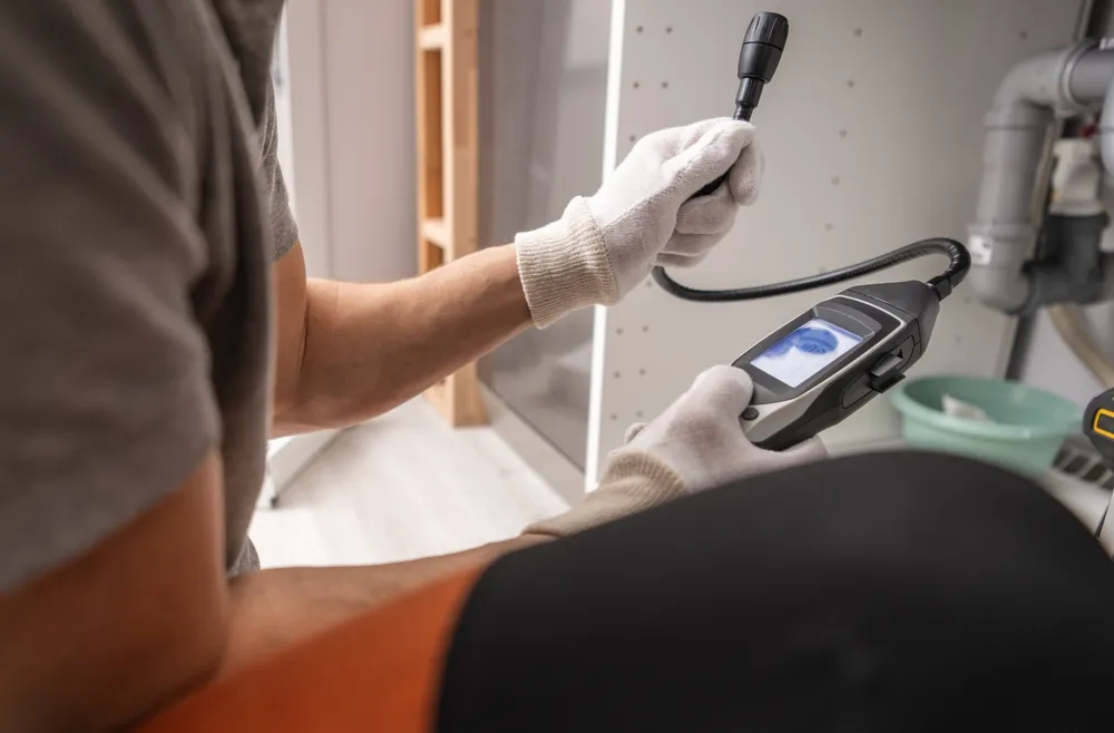 Hulpverlener inspecteert leidingen met een endoscoopcamera om een technische storing op te sporen