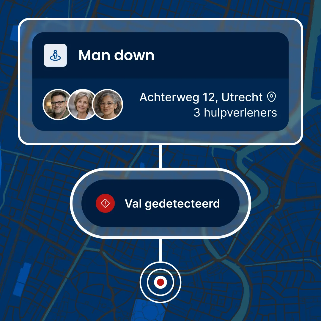 Kaart met een mandown-protocol waarbij een val is gedetecteerd op Achterweg 12 in Utrecht bij alleenwerker Andre Verbrugge.