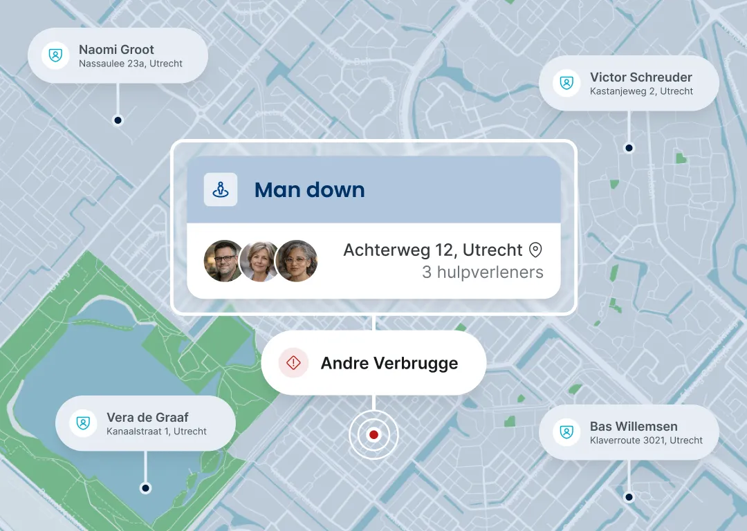 Kaart met een mandown-melding en de exacte locaties van meerdere medewerkers in Utrecht.
