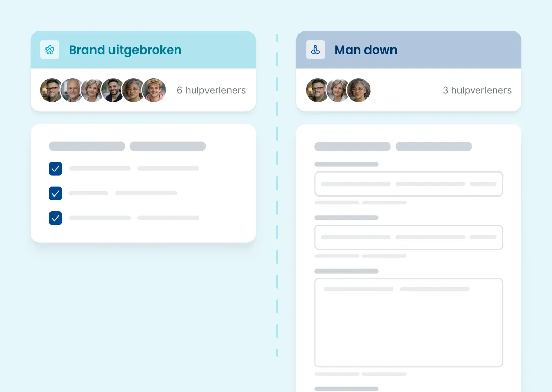 Zwei Protokollkarten im Findwhere-System nebeneinander, die links das Mandown-Protokoll mit drei abgehakten Checklistenpunkten und rechts das Feuerprotokoll mit drei Eingabefeldern für die Erfassung von Vorfällen und die Ausführung von Aufgaben durch FAFS-Teams zeigen