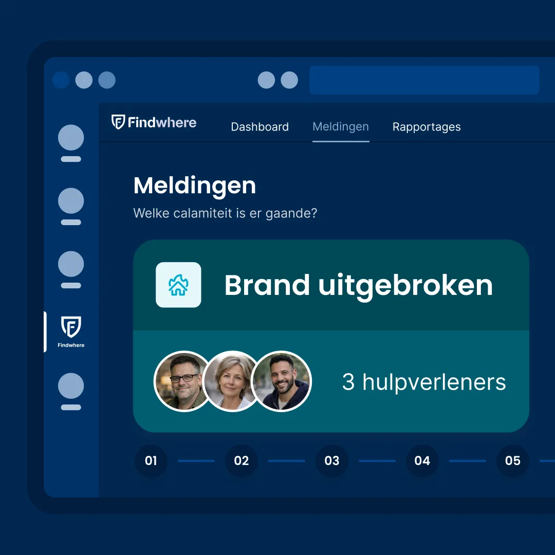Donkerblauw Findwhere dashboard in Microsoft Teams toont actieve brandmelding met vraag welke calamiteit er is en onderaan drie fasen met taken waarvan sommige afgevinkt zijn plus rechts gekleurde iconen voor longen medisch mens thermometer en rode cirkel voor verschillende protocollen