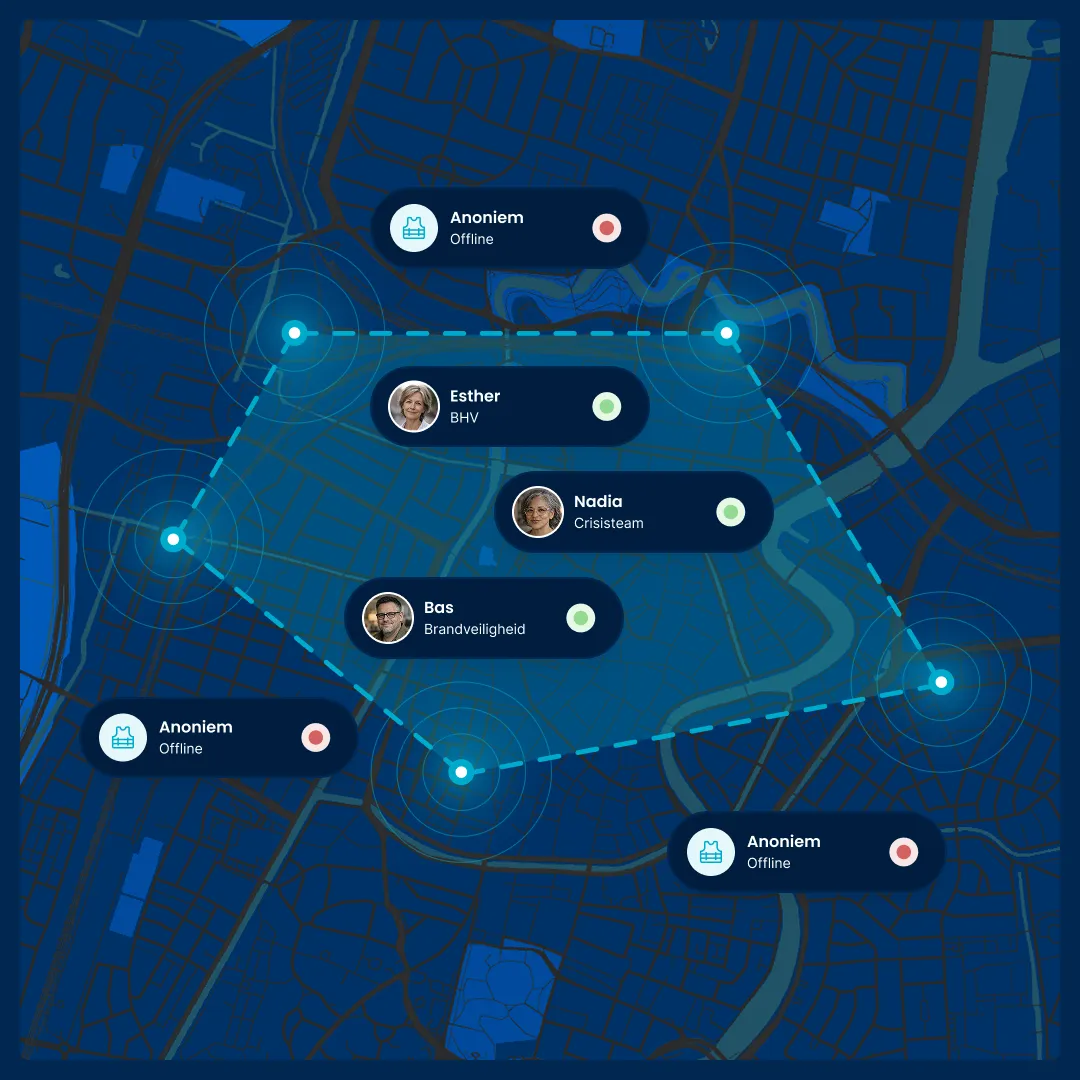 Werklocatie zone waar hulpverleners binnen de zone zichtbaar worden. Hulpverleners buiten de zone blijven anoniem, ter (persoons)gegevensbescherming.
