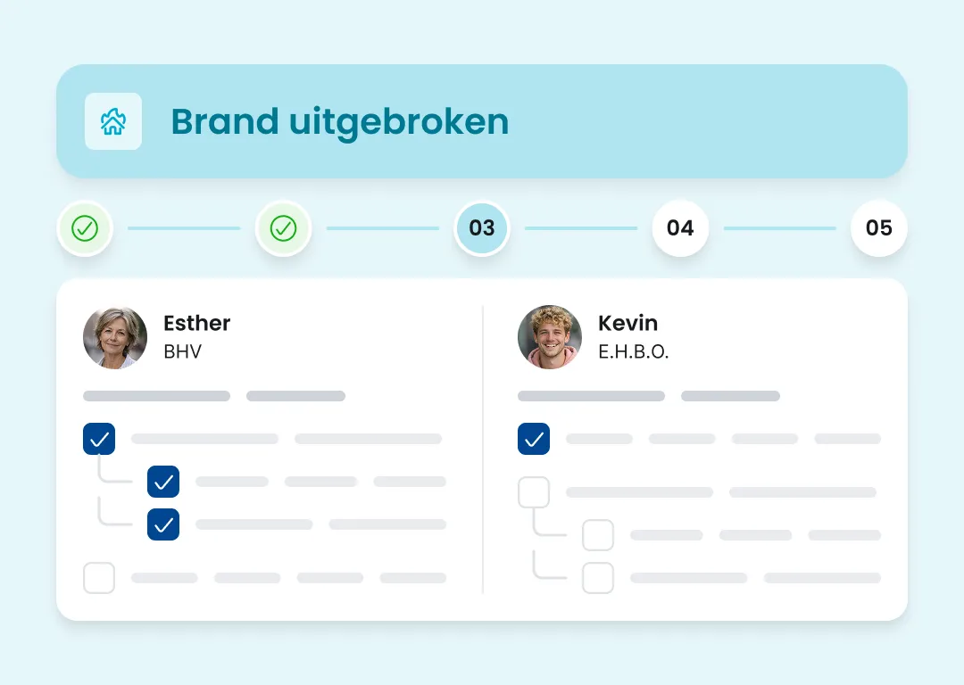 Stap 3 van het brand protocol, waar inzichtelijk wordt wat de BHV'er en EHBO'er aan taken moeten doen