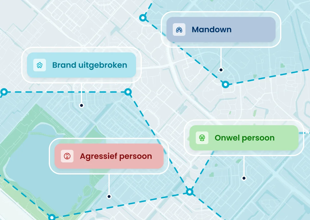 Kaartweergave in Findwhere met verschillende incidentmeldingen. Op de kaart staan meldingen zoals brand uitgebroken agressief persoon man down en persoon met steekwapen. Elke melding heeft een kleur en instructie. De kaart toont welke locaties betrokken zijn en waar opschaling nodig is.