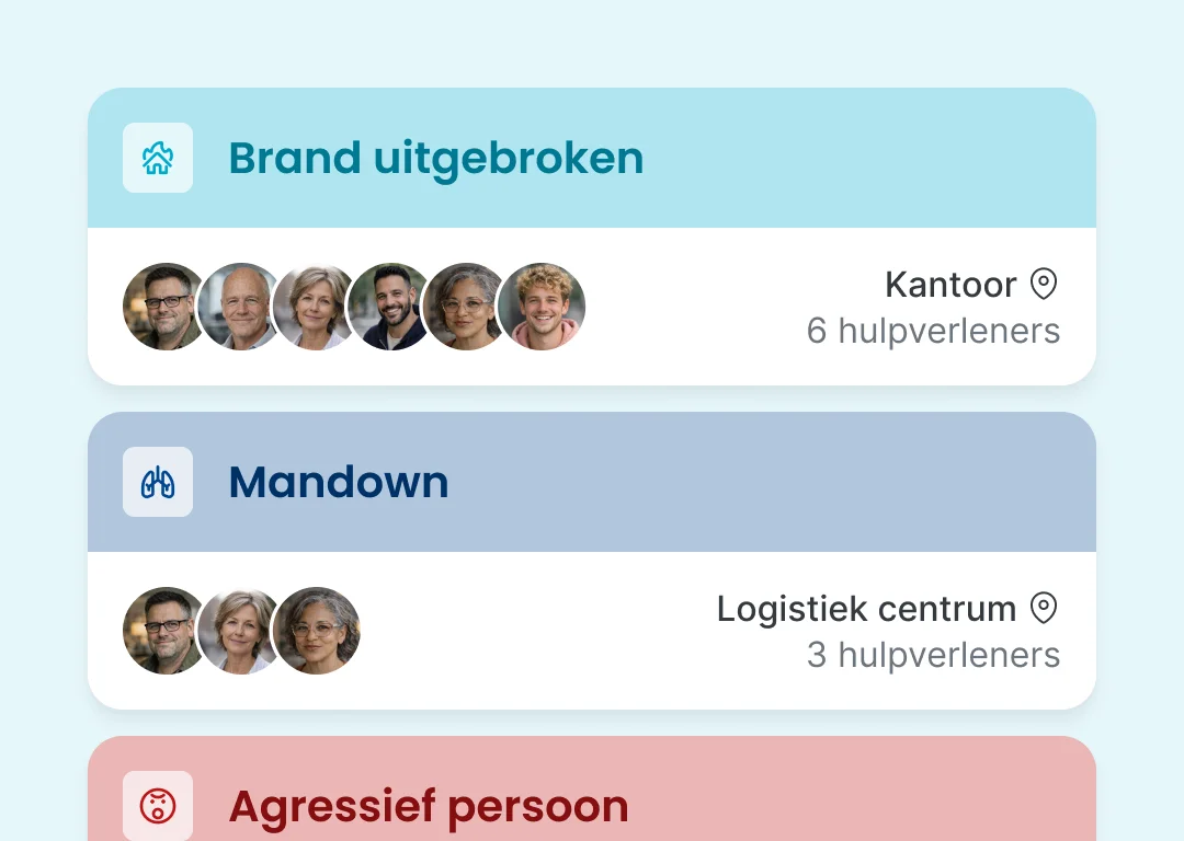 Visueel overzicht van incidentmeldingen gekoppeld aan locaties binnen een organisatie. Meldingen zoals brand uitgebroken man down agressief persoon en persoon met steekwapen staan bovenaan. Daaronder staan locaties zoals kantoor loods vergaderruimte en penthouse. De weergave toont welke incidenten waar plaatsvinden.