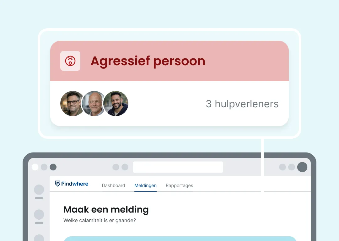 Rode waarschuwing in Microsoft Teams voor agressief persoon met tekst dat minimaal 3 vaardigheden ter plaatse nodig zijn waarbij de Findwhere melding boven het normale meldingenscherm zweeft om direct aandacht te trekken voor deze urgente BHV-situatie