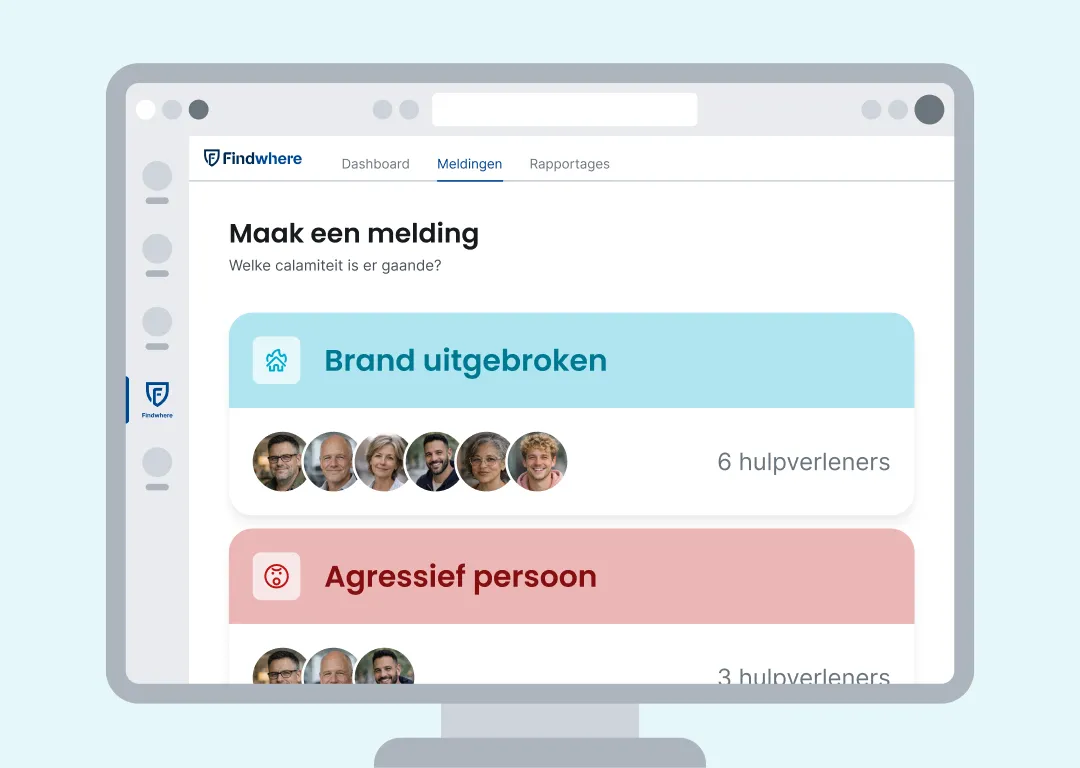 Microsoft Teams computerscherm toont zes incidentknoppen van Findwhere integratie in twee rijen met links brand mandown eerste hulp en rechts onwel persoon persoon met steekwapen agressief persoon waarbij elke knop een eigen kleur en pictogram heeft voor directe actie door BHV-teams
