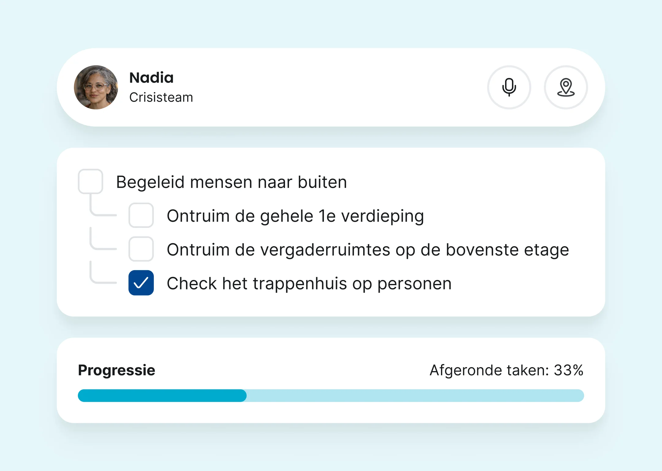 Takenlijst voor een hulpverlener in de app, met controles zoals trappenhuis nakijken en ruimtes ontruimen, inclusief voortgangsbalk