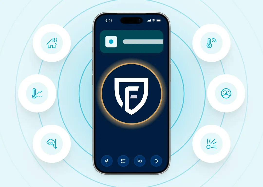 Mobile Findwhere-Schnittstelle, bei der ein zentrales Klimasymbol mit mehreren Sensoren verbunden ist, wie CO₂-Sensoren, Temperatursensoren, Raucherkennung und Druckmessungen.