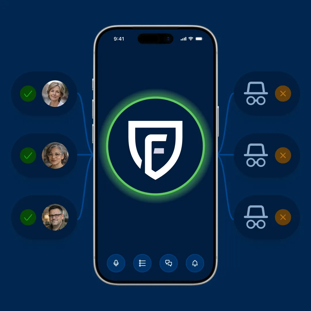 Dunkelblaue Illustration mit einem Findwhere-Smartphone in der Mitte. Das Logo leuchtet in einem grünen Aktivierungsring. Die linke Seite zeigt aktive Mitarbeiter und die rechte Seite zeigt Mitarbeiter, die keinen Zugang mehr haben. Das Bild hebt den sicheren Zugang, die automatische Aktivierung und die aktuellen FAFS-Teams über SSO hervor