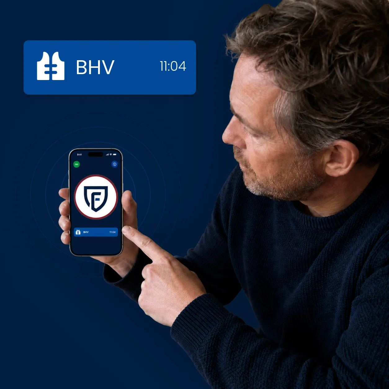 Man laat de Findwhere App zien met het BHV Protocol uitgelicht. 