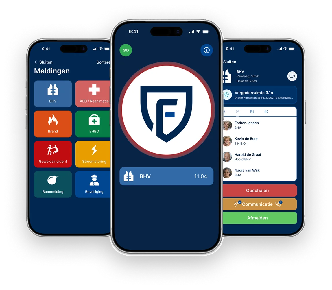 Drie iPhone schermen van de Findwhere BHV App