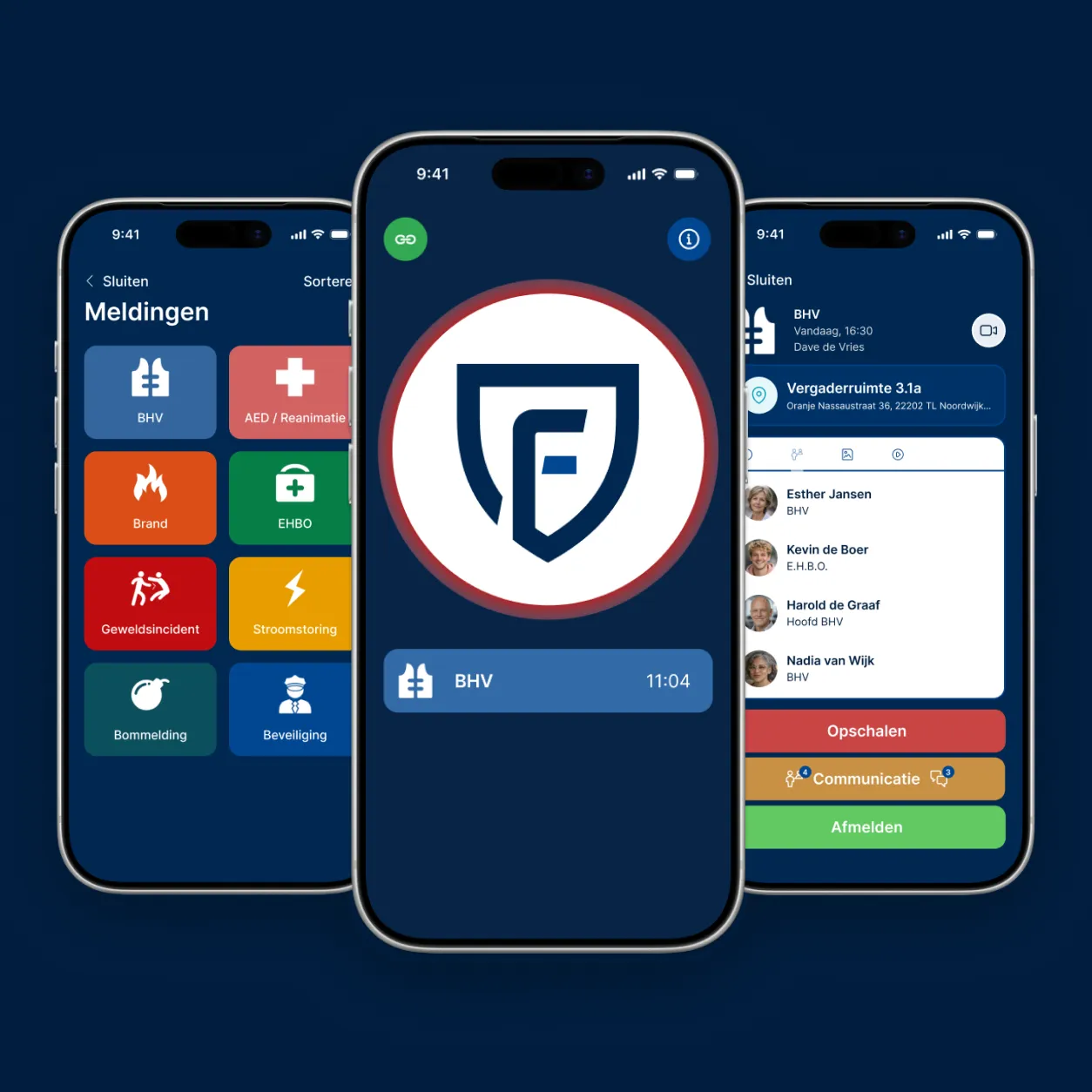 Afbeelding van drie telefoons met de Findwhere BHV App