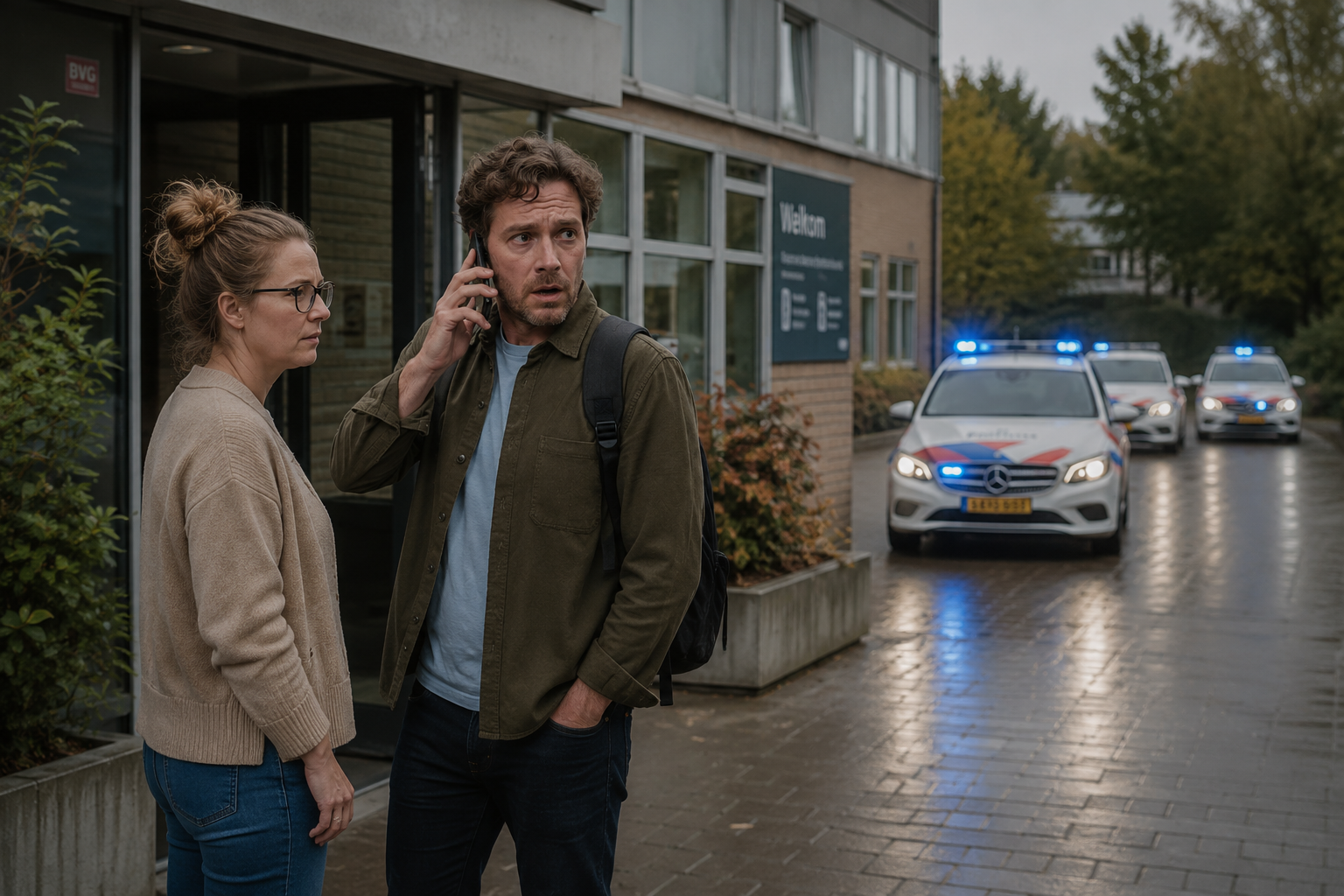 Twee docenten wachten de politie op