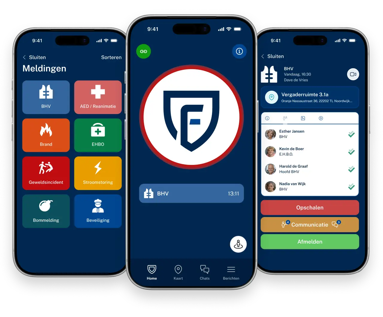 Homescherm van de Findwhere app met een grote alarmknop en een actieve BHV-melding met ingangen voor kaart chats en berichten