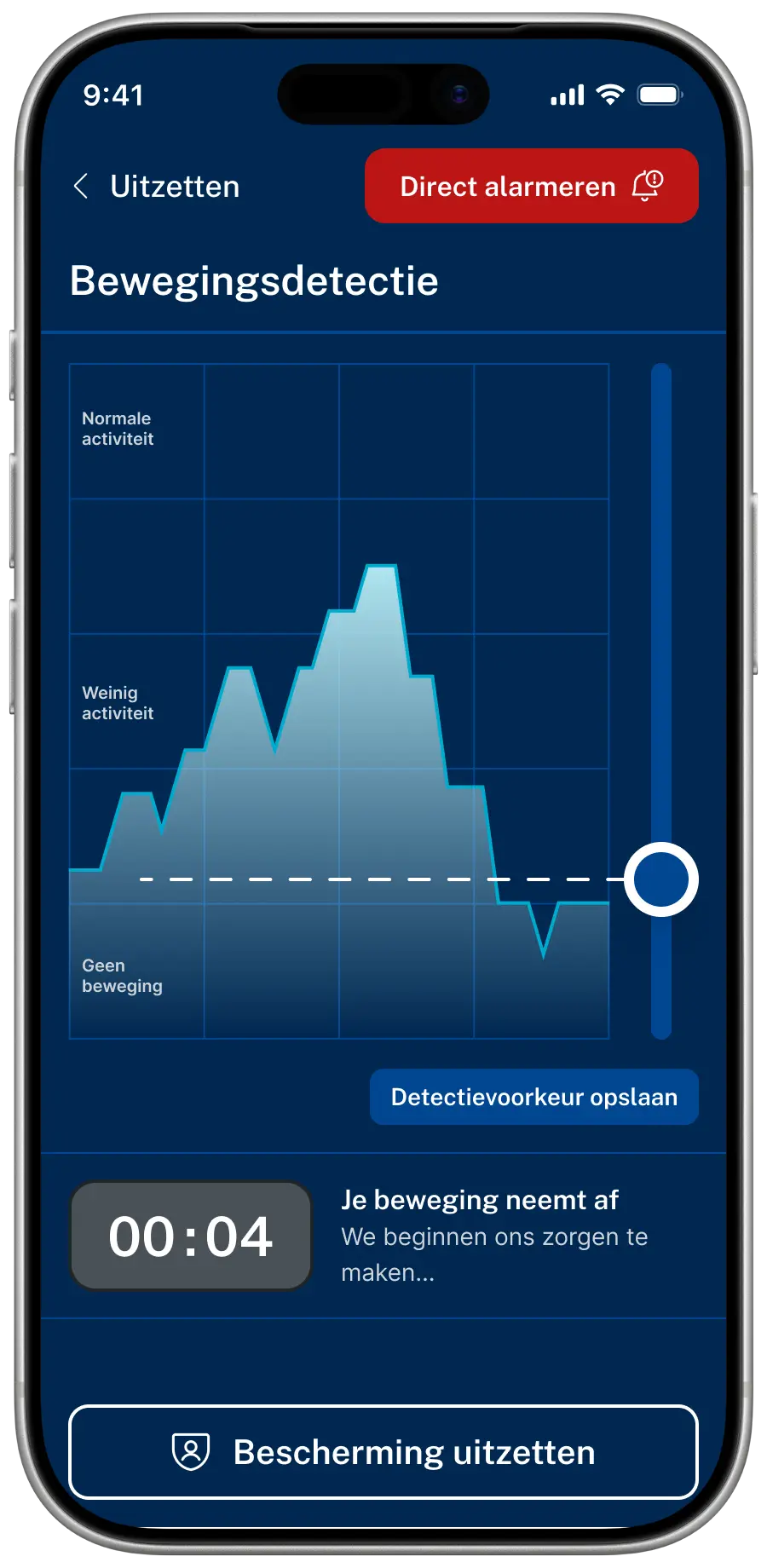 Findwhere app scherm bewegingsdetectie voor alleenwerkers met een grafiek van je activiteit en een instelbare grens waar je beweging onder zakt terwijl een teller aftelt naar een alarm