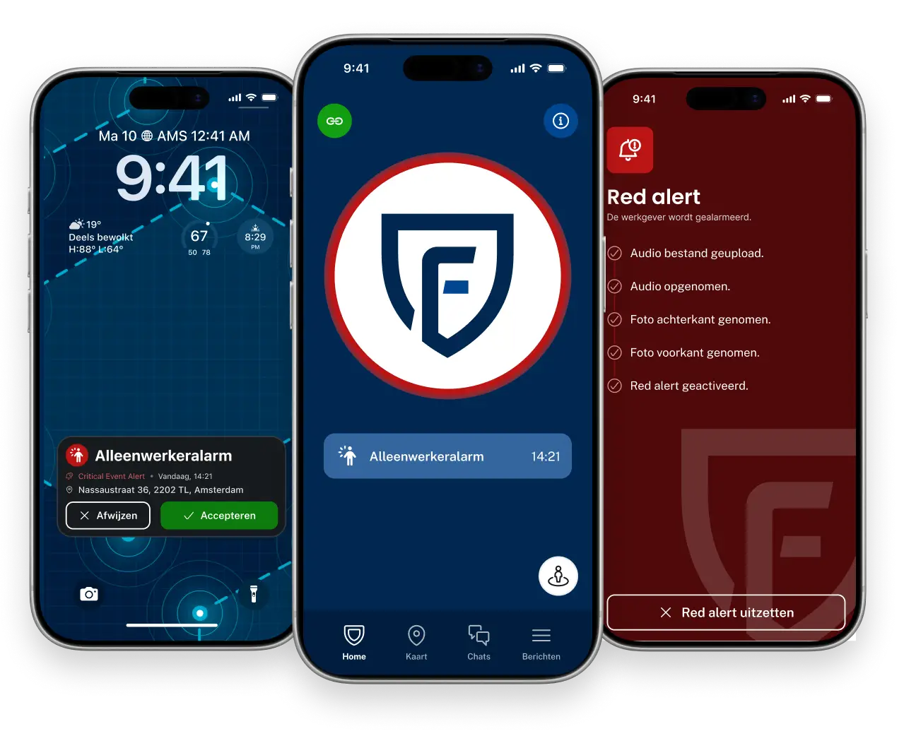Three phones with the Findwhere app, featuring a lone worker alarm on the lock screen, a large alarm button, and a red alert that records audio and photos and notifies the employer