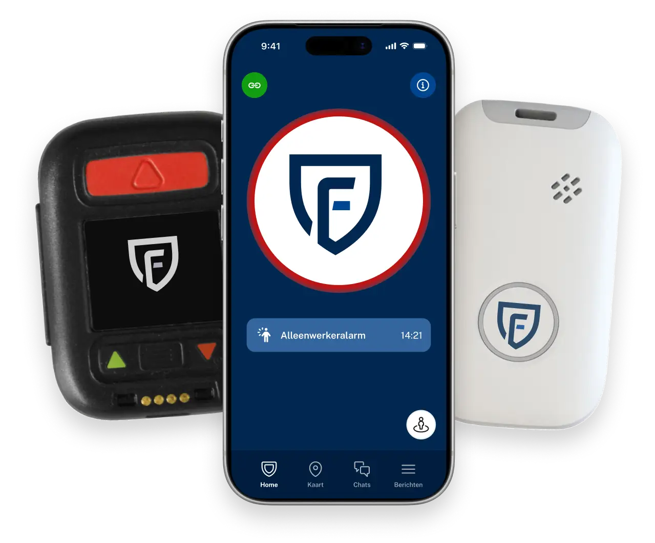 Findwhere app met een grote alarmknop en een alleenwerkeralarm tussen een zwart persoonsalarm met rode alarmknop en een witte alarmknop voor alleenwerkers
