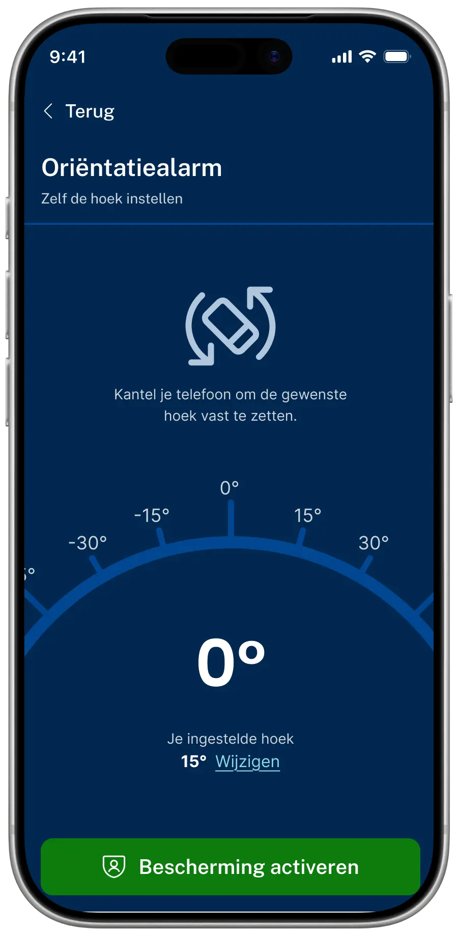 Findwhere app scherm oriëntatiealarm met een getekende alleenwerker die zijn telefoon in zijn riemtas steekt Bescherming is ingesteld op een hoek van 15 graden en wordt actief na 4 seconden
