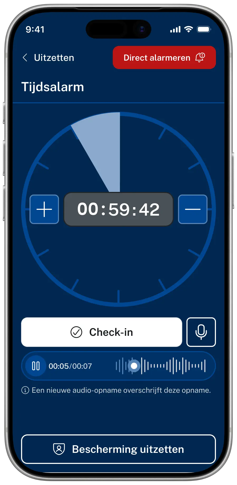 Findwhere app scherm tijdsalarm voor alleenwerkers met een timer van bijna een uur een check-in knop een audio-opname en de knop direct alarmeren